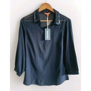 Modcloth Blouse Women's Medium Navy Blue Chiffon Beaded Collar Sheer Top NWT